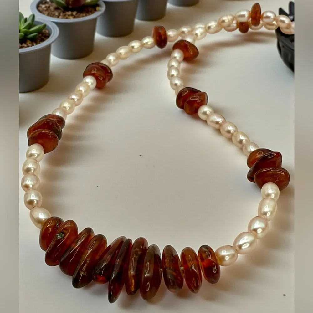 Genuine Amber & Freshwater Pearl Necklace – 18” - Picture 1 of 17